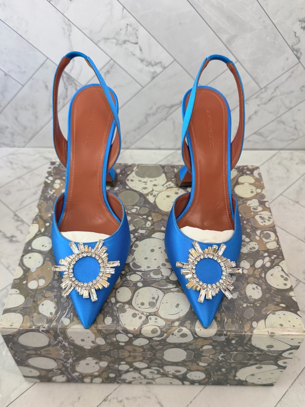 Amina Muaddi Blue begum Satin Slingback Pumps